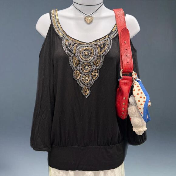 Cache Black Cold Shoulder Beaded Top Y2K Glam M - Picture 1 of 8